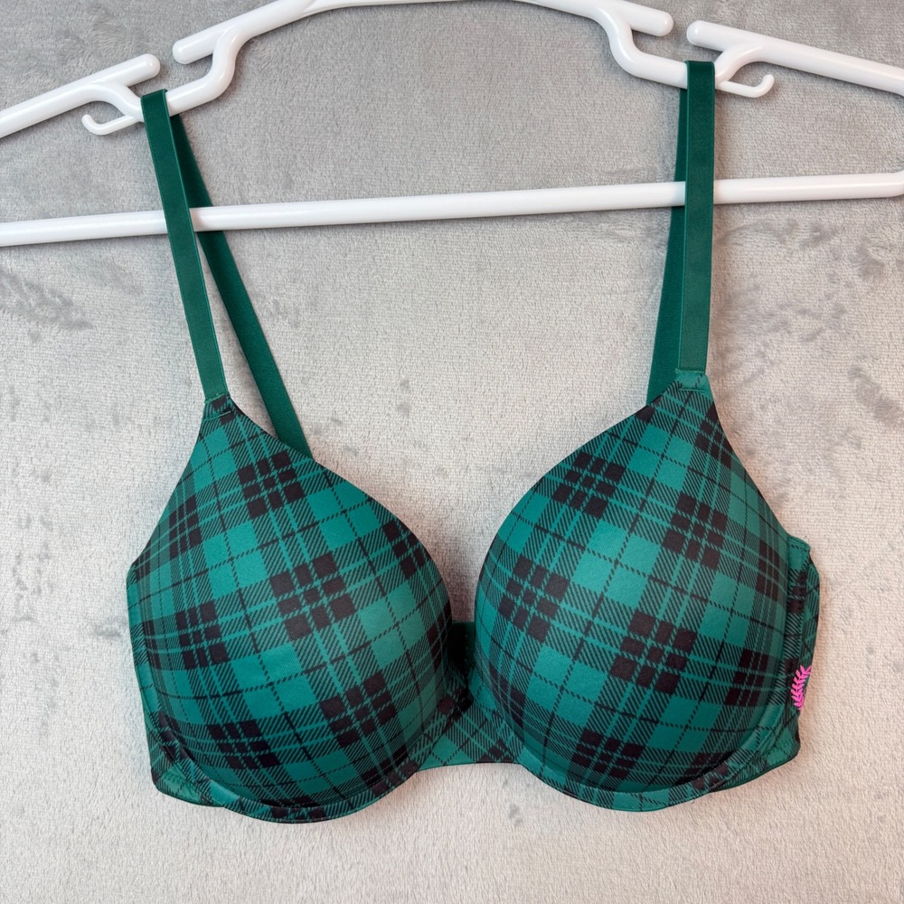 PINK Victoria's Secret Bra Womens 34DD Green Plaid Wear Everywhere Push Up New